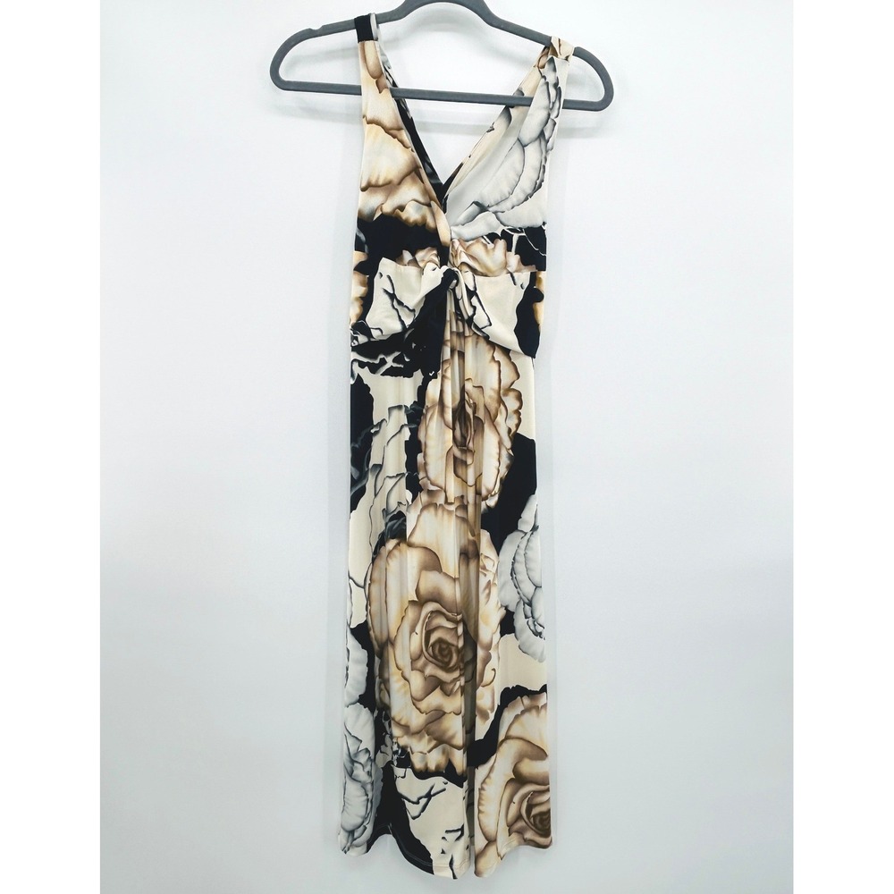 Newport News Halter Maxi Dress L Floral Beige Black Stretch Boho Coastal Chic - Picture 2 of 10
